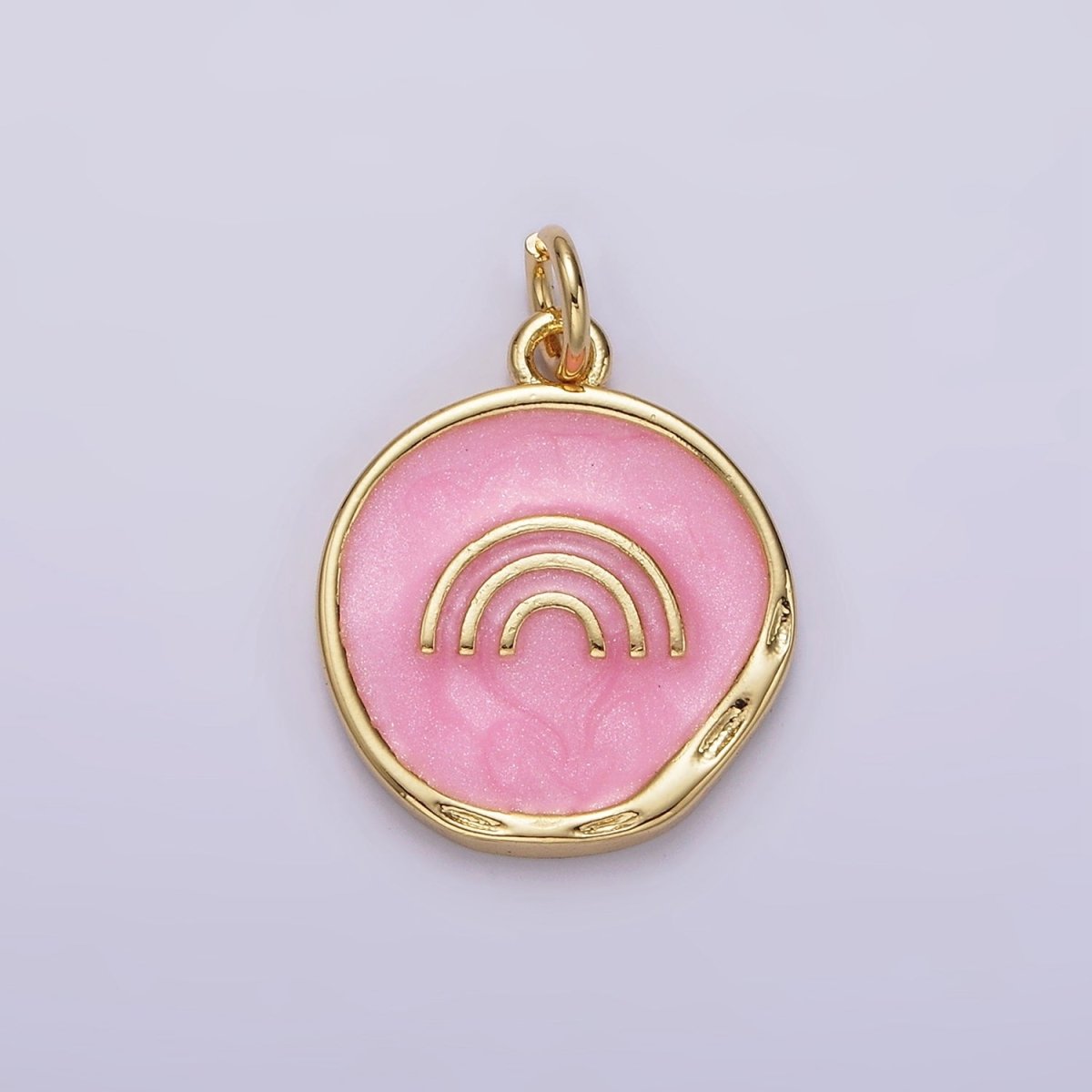 16K Gold Filled Rainbow Doodle Broken White, Pink Sparkly Enamel Stamped Dented Round Charm | AG156 AG157 - DLUXCA