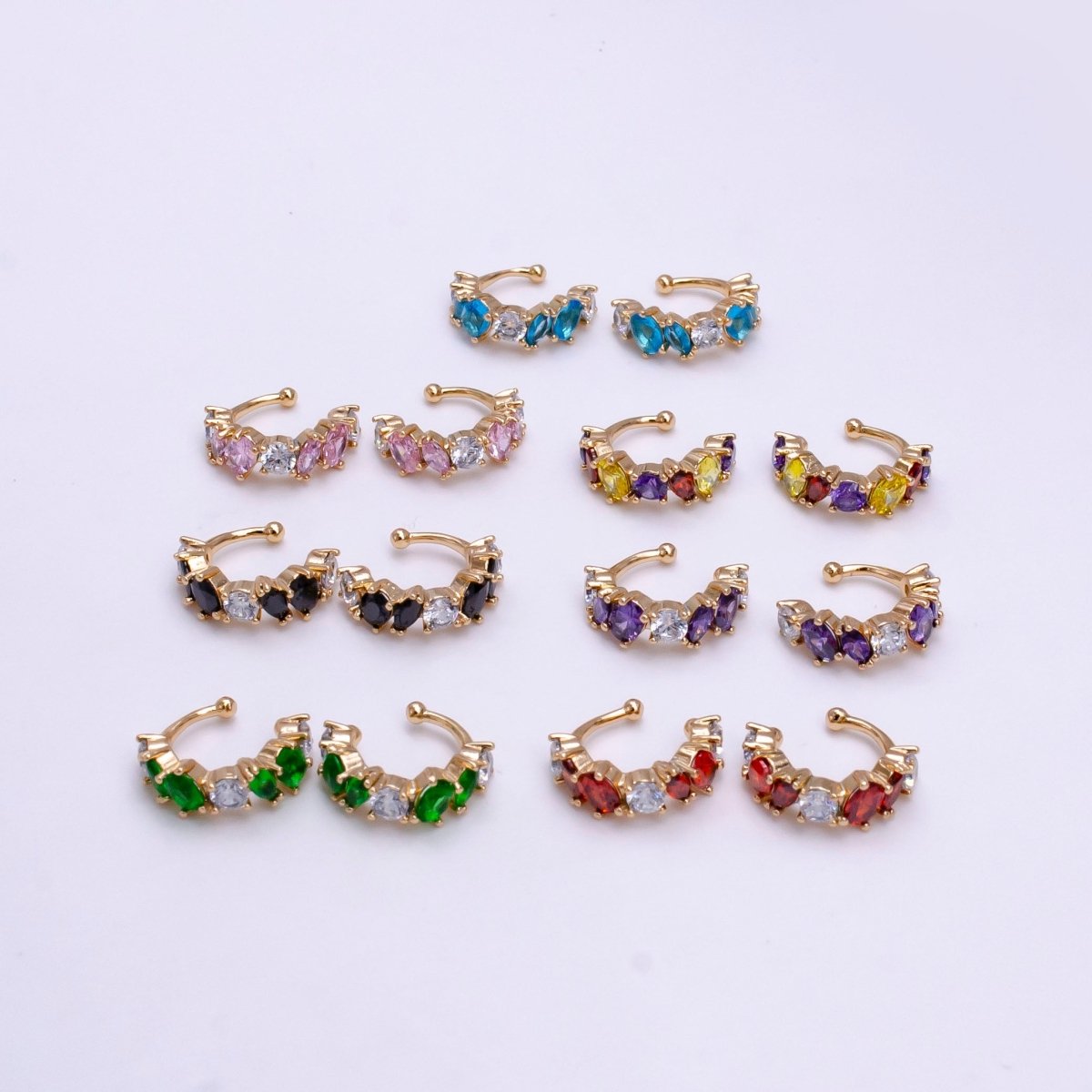 16K Gold Filled Red, Black, Green, Blue, Purple, Pink, Multicolor CZ Lined Ear Cuff Earrings | AI068 - AI074 - DLUXCA