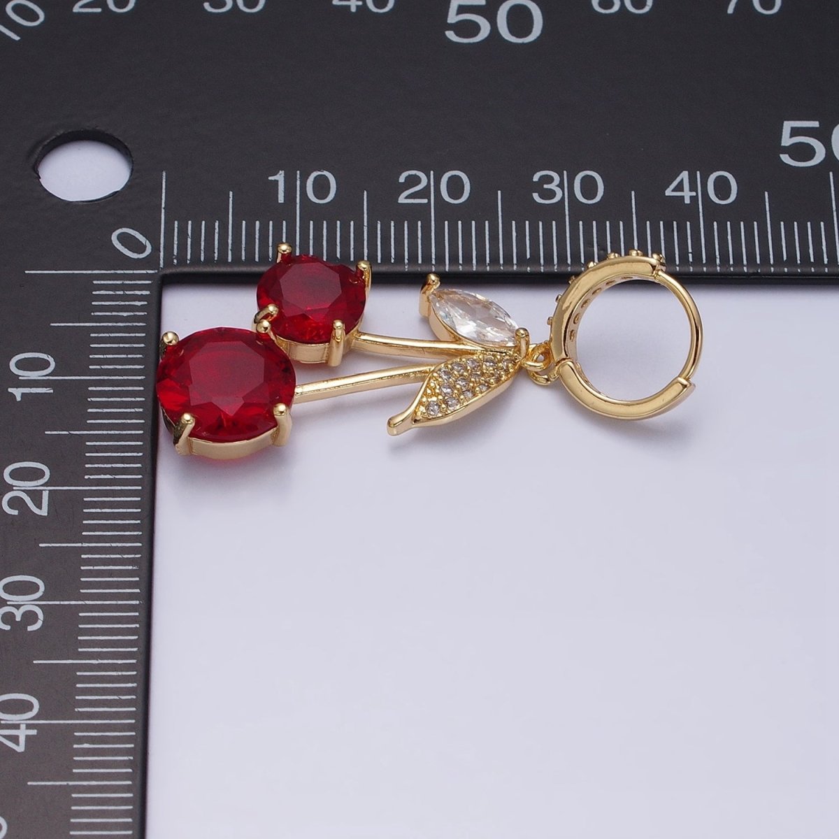 16K Gold Filled Red Cherry Fruit Drop Micro Paved Huggie in Gold & Silver | AD933 AD934 - DLUXCA