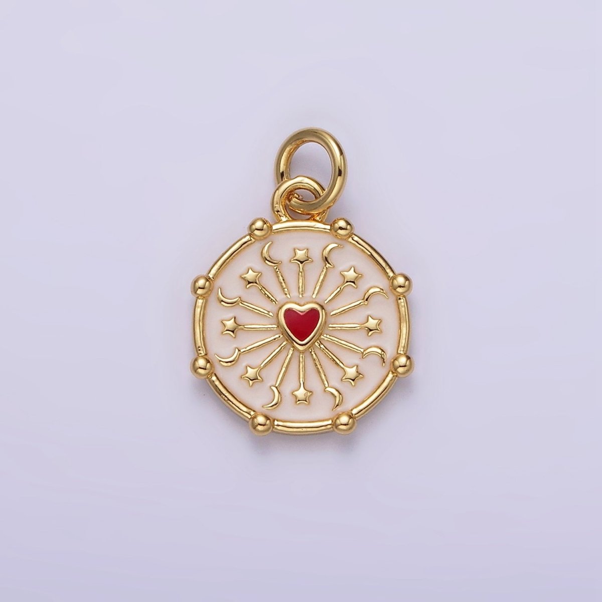 16K Gold Filled Red Heart Celestial Crescent Moon Star Ray Dotted Outline Round Charm | AG159 - DLUXCA