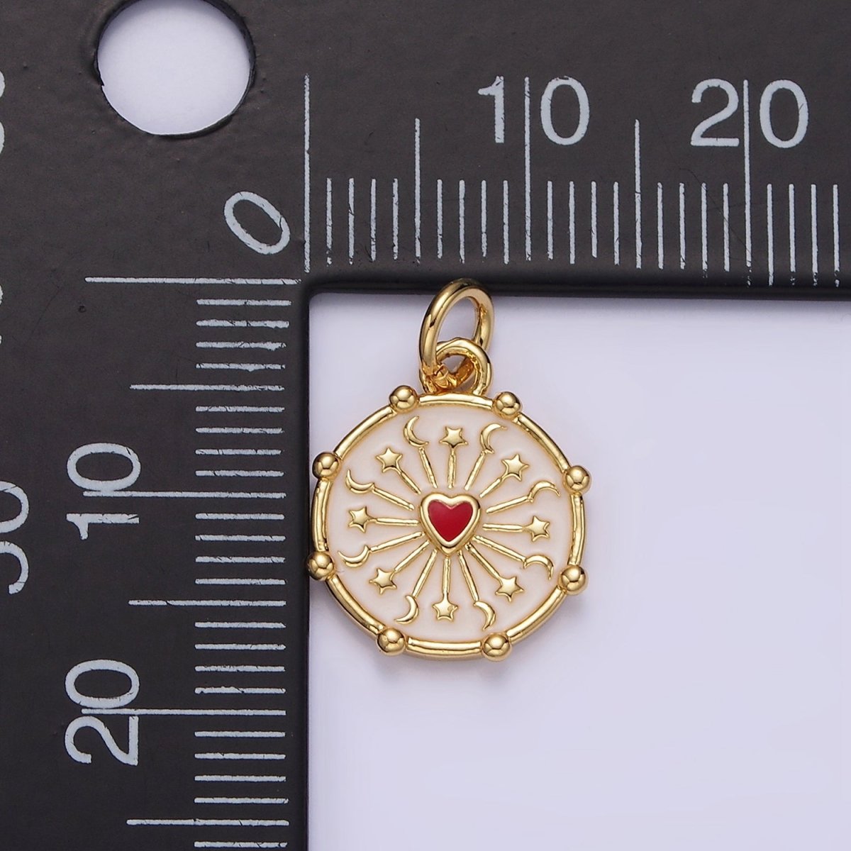 16K Gold Filled Red Heart Celestial Crescent Moon Star Ray Dotted Outline Round Charm | AG159 - DLUXCA