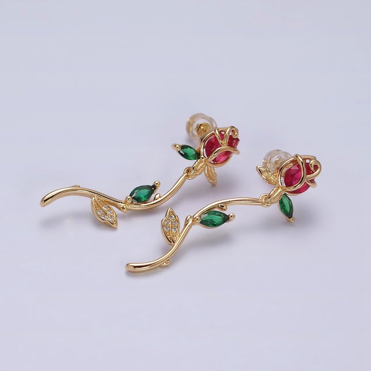 16K Gold Filled Red, Pink Rose Flower Green Marquise CZ Gold Stud Earrings | AE825 AE826 - DLUXCA