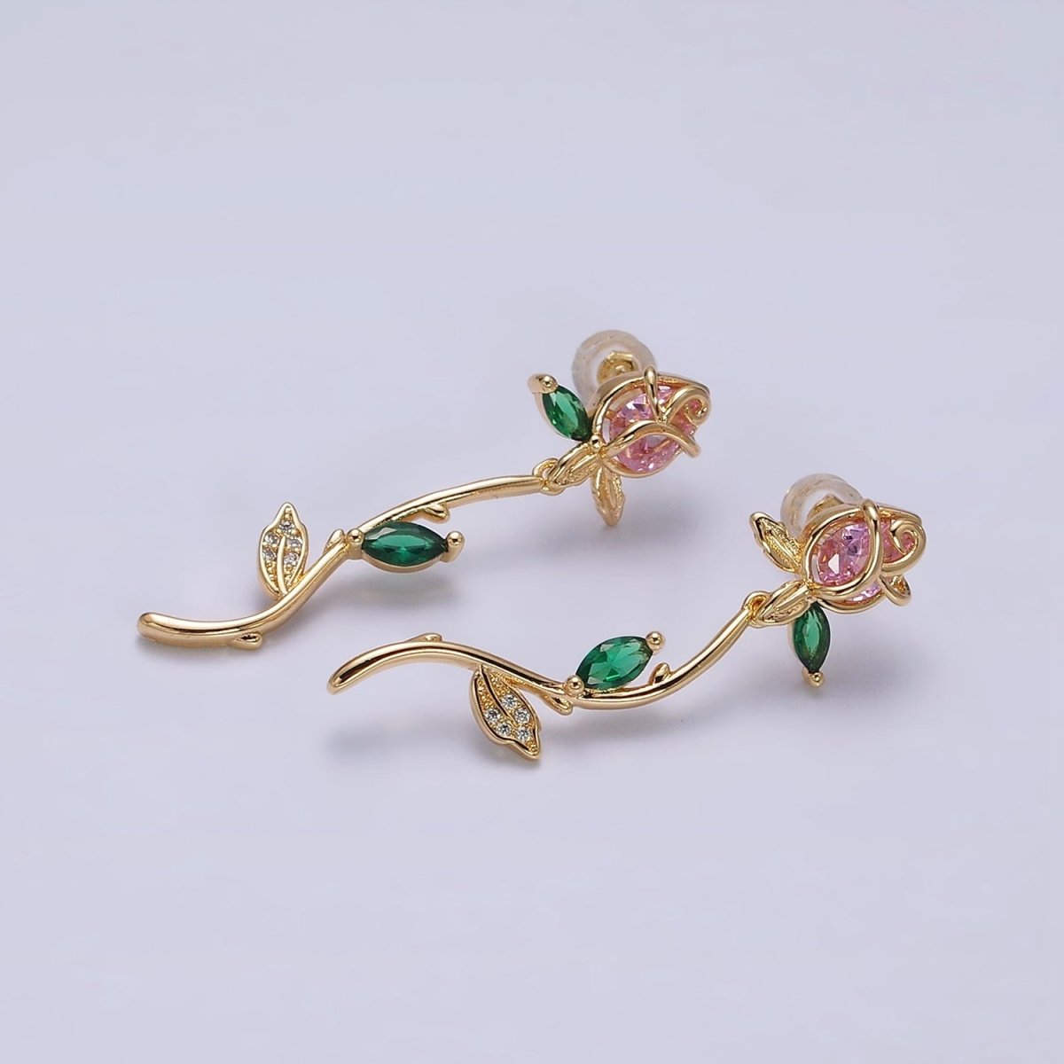 16K Gold Filled Red, Pink Rose Flower Green Marquise CZ Gold Stud Earrings | AE825 AE826 - DLUXCA
