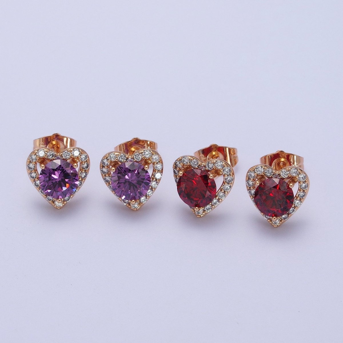 16K Gold Filled Red, Purple Heart CZ Micro Paved Open Stud Earrings | V015 - DLUXCA