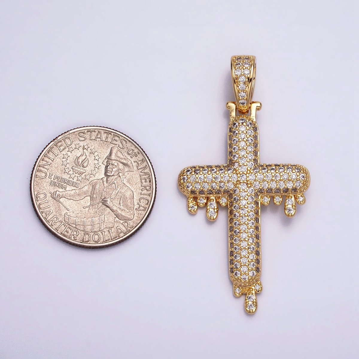 16K Gold Filled Religious Cross Micro Paved CZ Drip 50mm Pendant in Gold & Silver | AA377 AA378 - DLUXCA