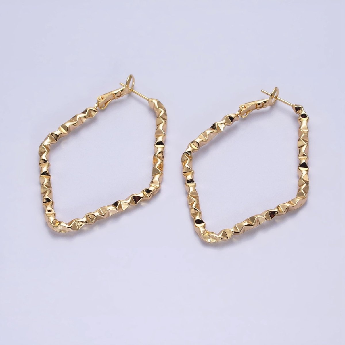 16K Gold Filled Rhombus Dented Geometric Hinge Hoop Earrings in Gold & Silver | AB1488 AB1489 - DLUXCA