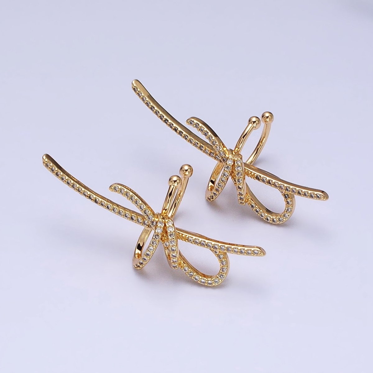 16K Gold Filled Ribbon Linear Micro Paved CZ Statement Ear Cuff Earrings in Gold & Silver | AI-009 AI-010 - DLUXCA