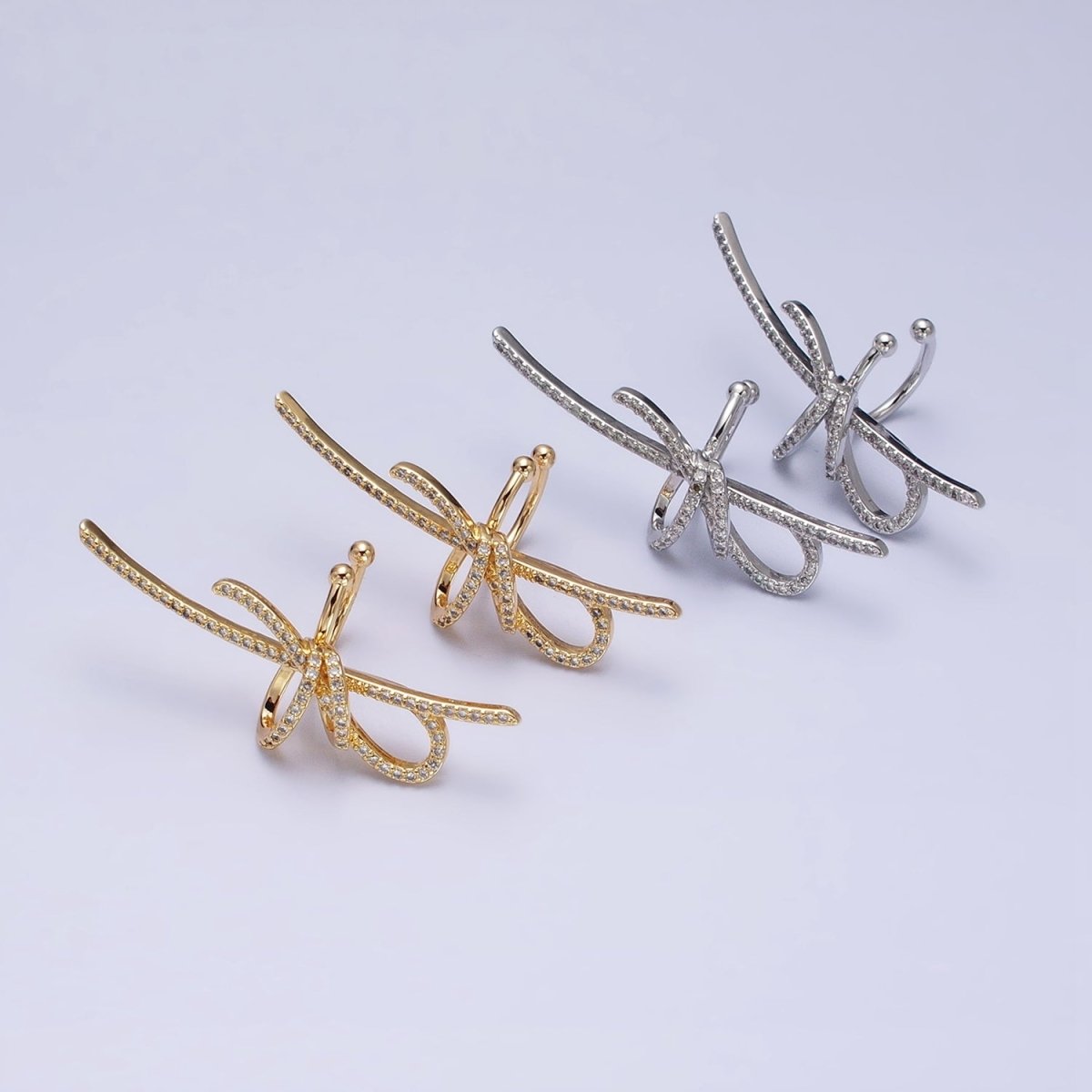 16K Gold Filled Ribbon Linear Micro Paved CZ Statement Ear Cuff Earrings in Gold & Silver | AI-009 AI-010 - DLUXCA