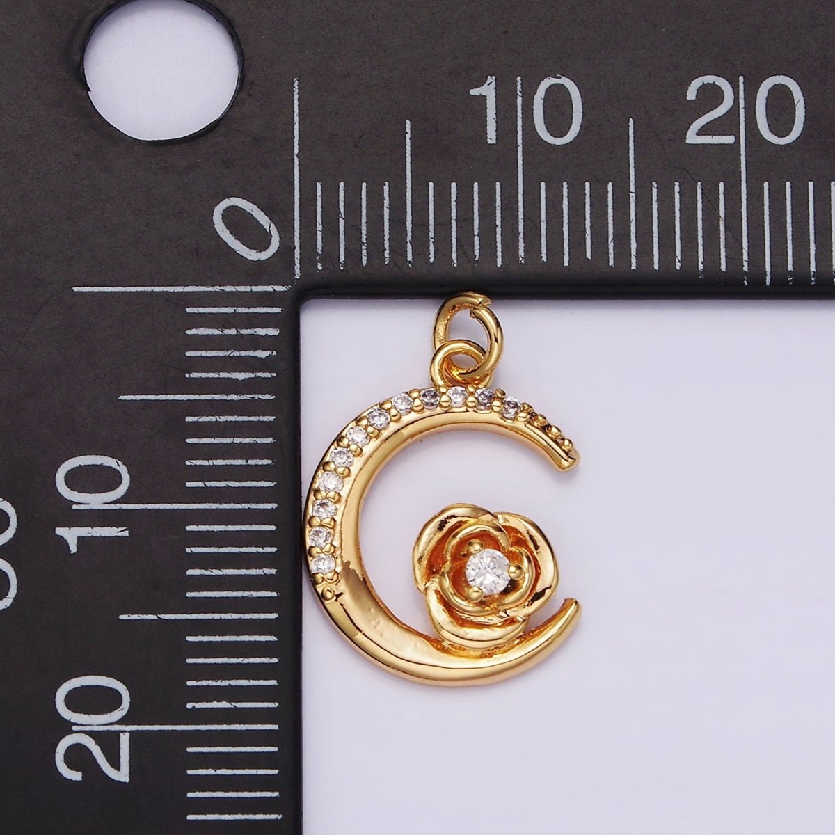 16K Gold Filled Rose Flower Celestial Crescent Moon Micro Paved Charm | AG094 - DLUXCA