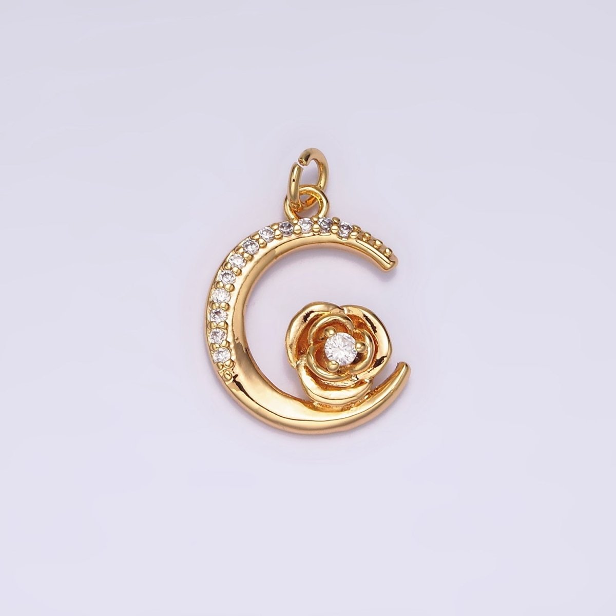 16K Gold Filled Rose Flower Celestial Crescent Moon Micro Paved Charm | AG094 - DLUXCA