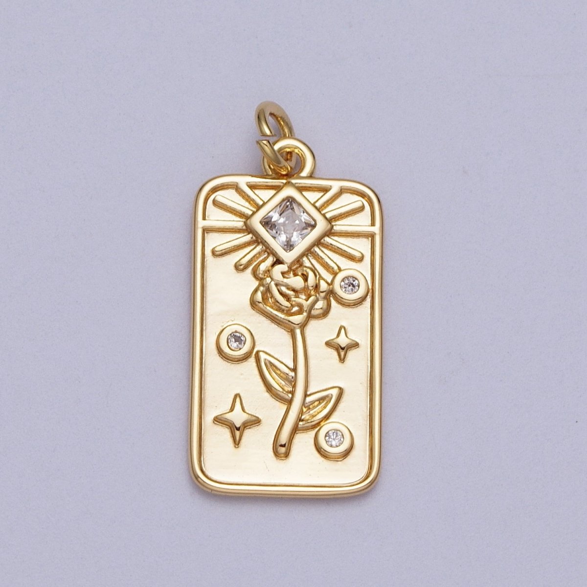 16K Gold Filled Rose Flower Clear CZ Rhombus Tag Charm E-428 - DLUXCA