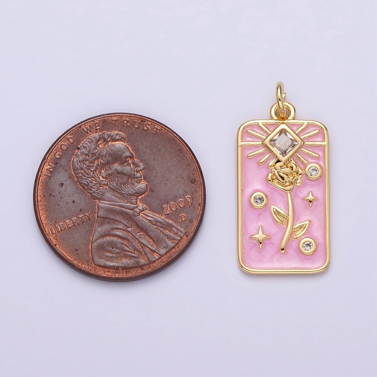 16K Gold Filled Rose Flower Clear Rhombus White, Pink, Blue Sparkly Enamel Tag Charm | AC1362 - AC1367 - DLUXCA