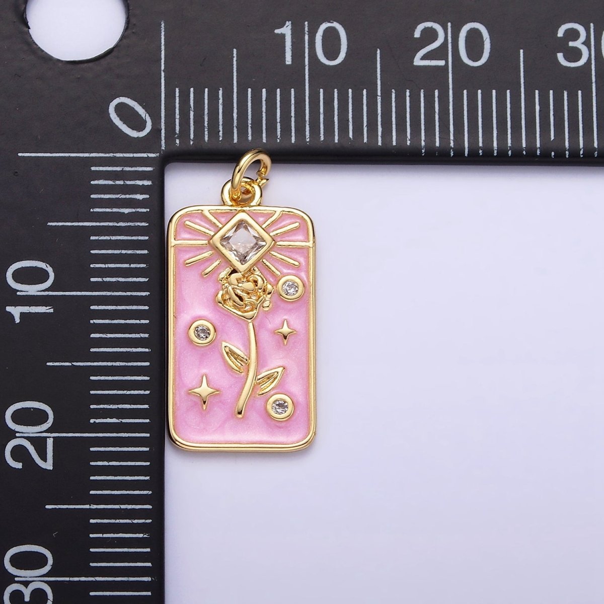 16K Gold Filled Rose Flower Clear Rhombus White, Pink, Blue Sparkly Enamel Tag Charm | AC1362 - AC1367 - DLUXCA