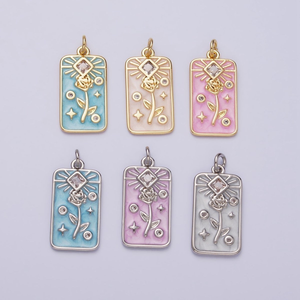 16K Gold Filled Rose Flower Clear Rhombus White, Pink, Blue Sparkly Enamel Tag Charm | AC1362 - AC1367 - DLUXCA