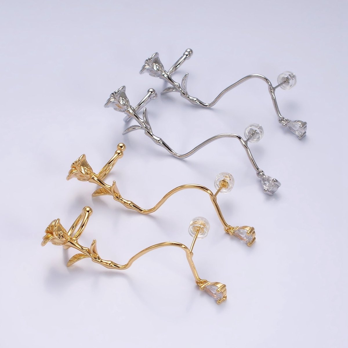 16K Gold Filled Rose Flower Long Vine Teardrop Dangle Ear Cuff Stud Earrings in Gold & Silver | Y-829 Y-830 - DLUXCA