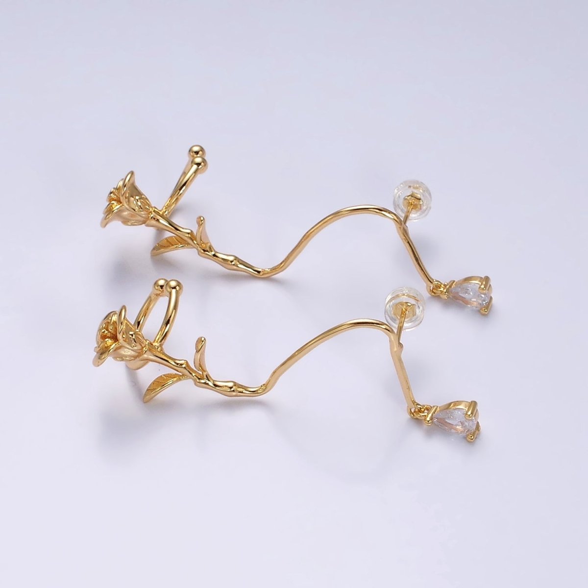 16K Gold Filled Rose Flower Long Vine Teardrop Dangle Ear Cuff Stud Earrings in Gold & Silver | Y-829 Y-830 - DLUXCA