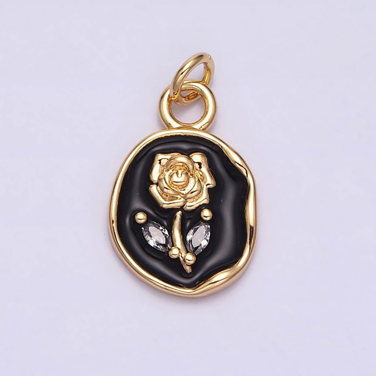 16K Gold Filled Rose Flower Marquise Leaf White, Pink, Black Sparkly Enamel Stamped Oval Charm | AC1081 - AC1086 - DLUXCA