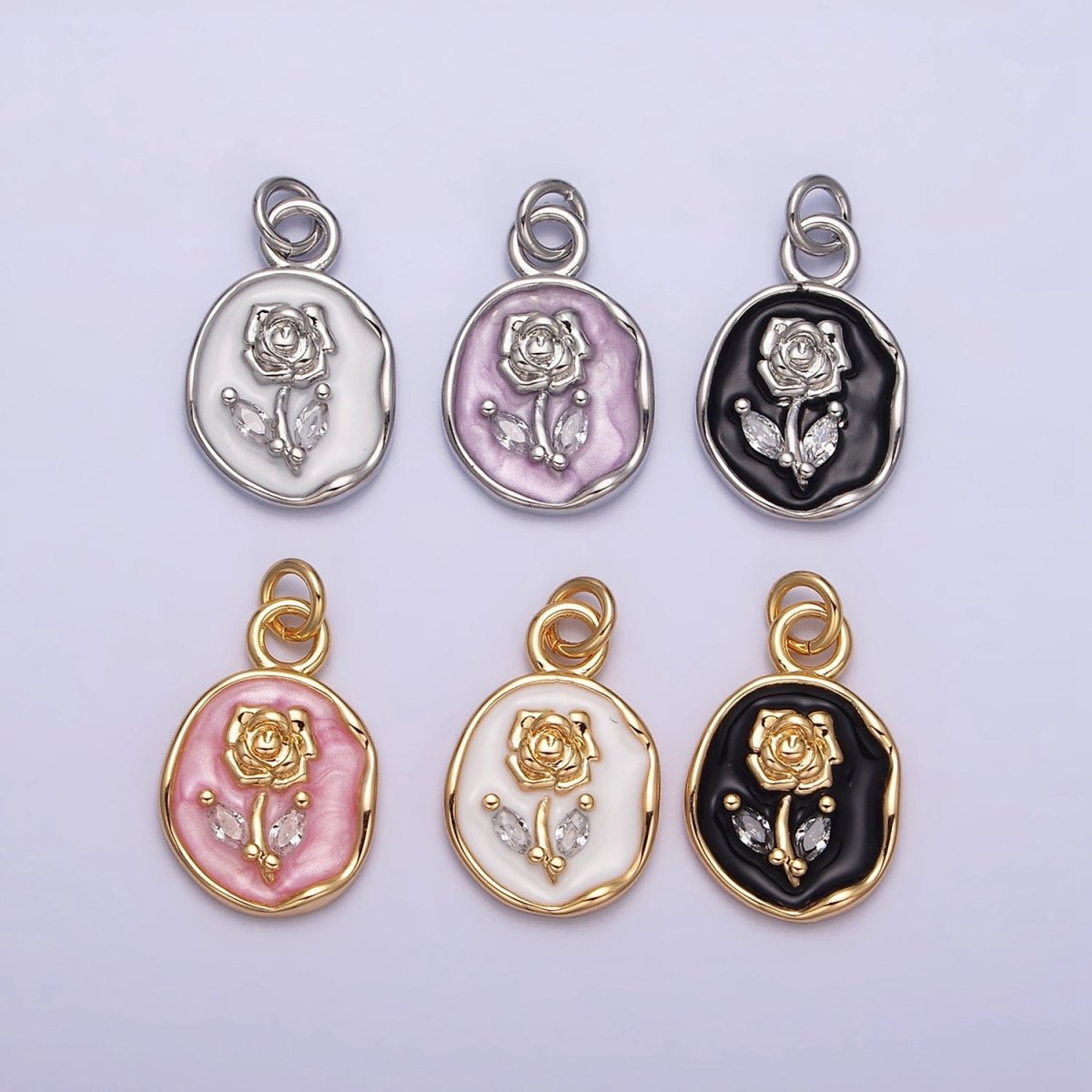 16K Gold Filled Rose Flower Marquise Leaf White, Pink, Black Sparkly Enamel Stamped Oval Charm | AC1081 - AC1086 - DLUXCA