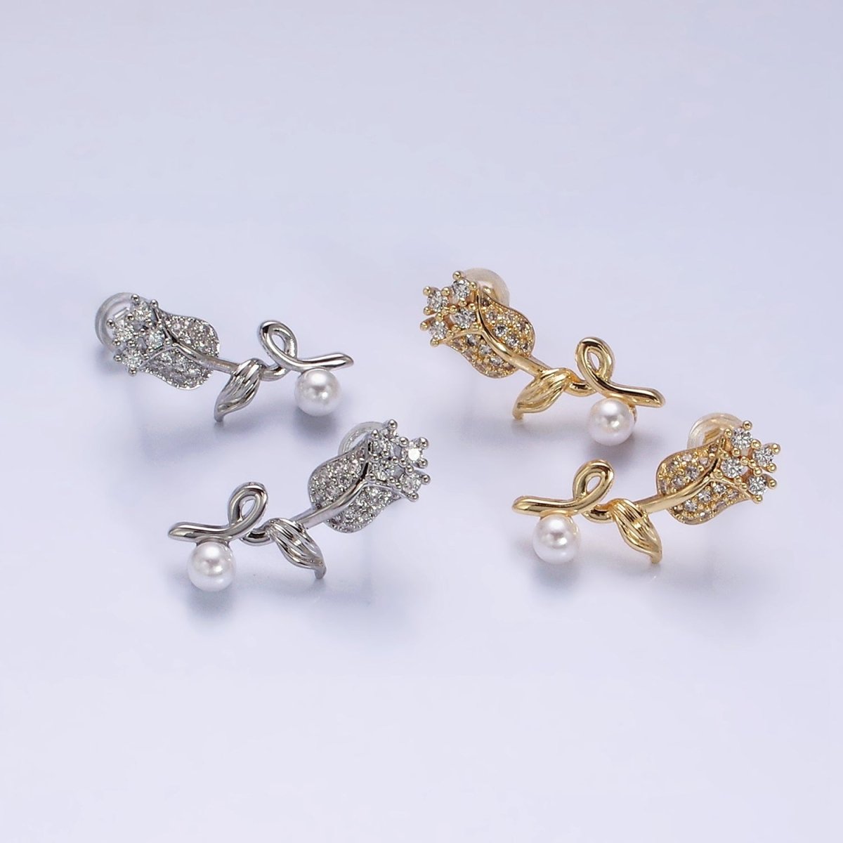16K Gold Filled Rose Flower Micro Paved CZ Pearl Stud Earrings | Y-789 Y-790 - DLUXCA
