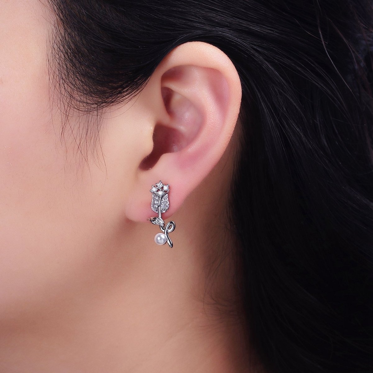16K Gold Filled Rose Flower Micro Paved CZ Pearl Stud Earrings | Y-789 Y-790 - DLUXCA