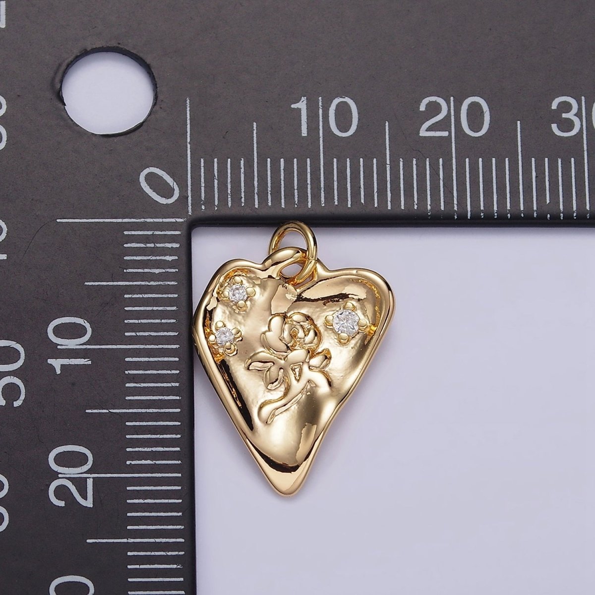 16K Gold Filled Rose Flower Triple CZ Hammered Heart Charm | N1008 - DLUXCA