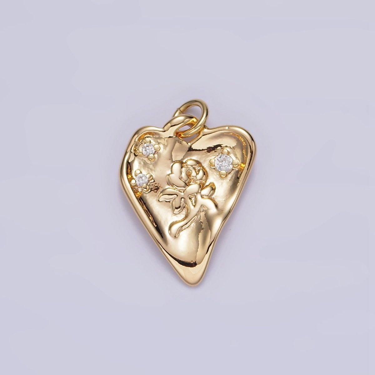 16K Gold Filled Rose Flower Triple CZ Hammered Heart Charm | N1008 - DLUXCA