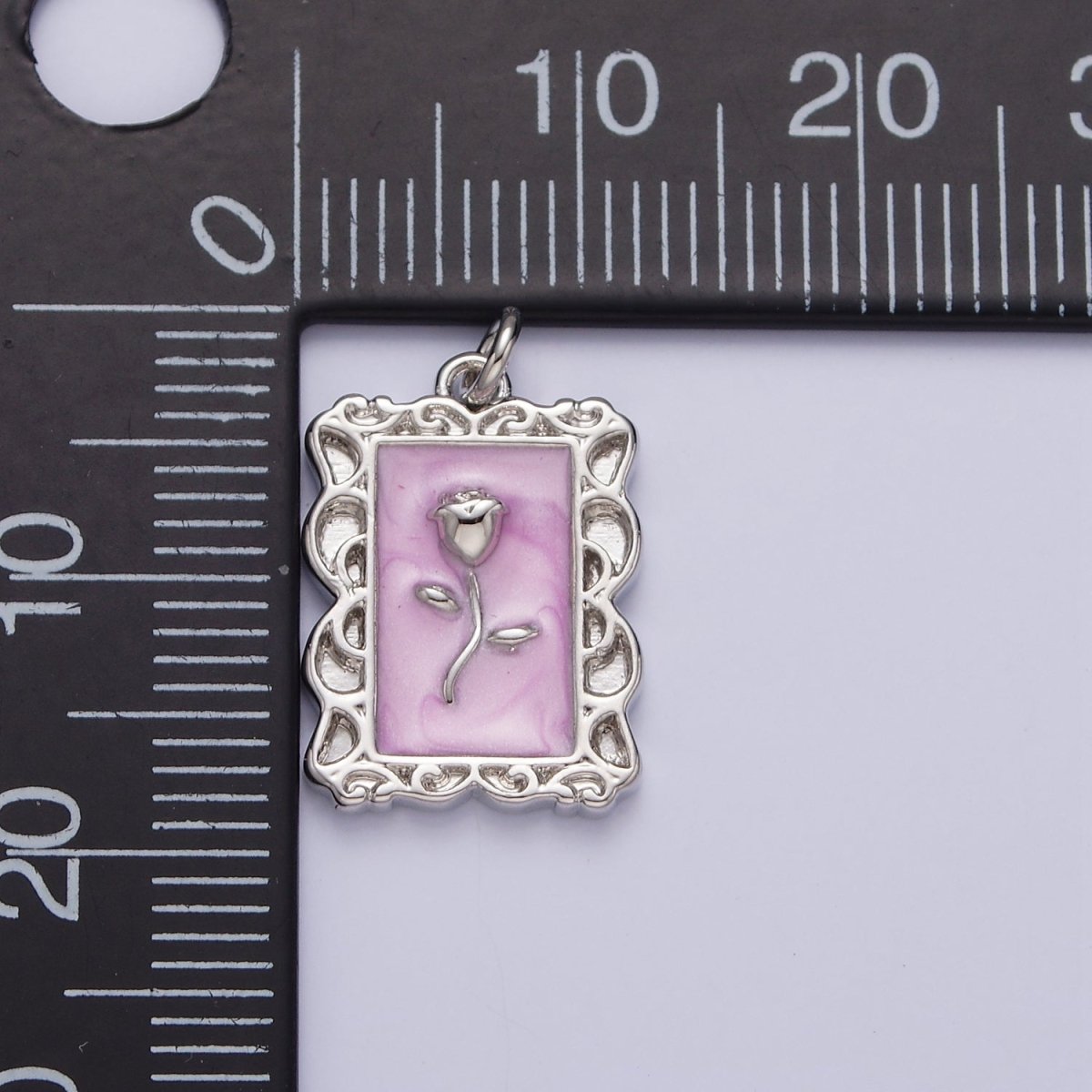 16K Gold Filled Rose Flower White, Blue, Pink Sparkly Enamel Rectangular Charm in Gold & Silver | AC1350 - AC1355 - DLUXCA