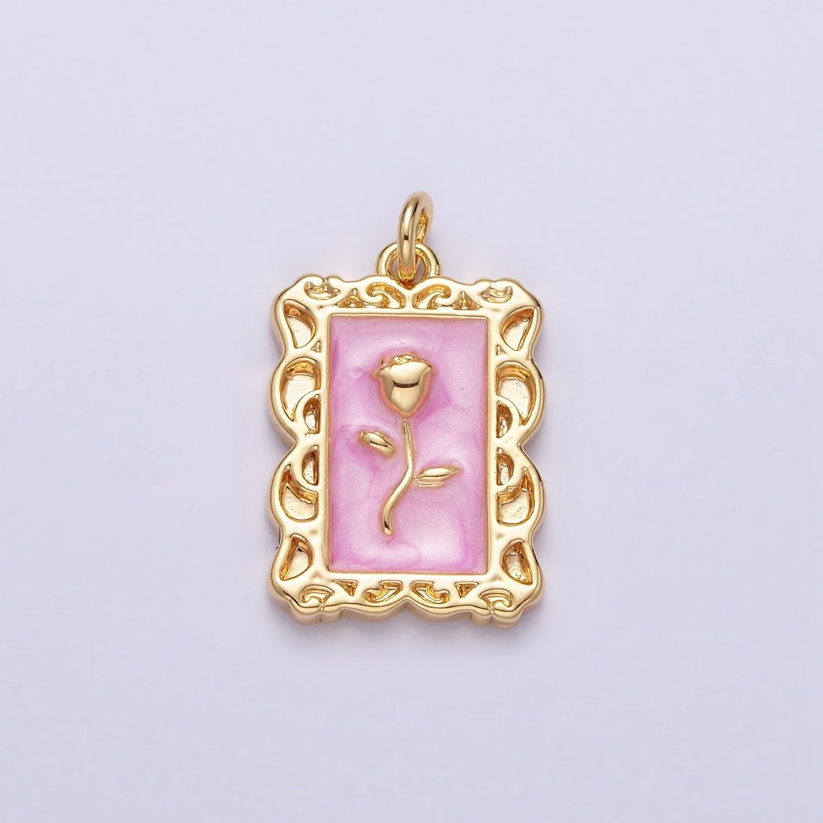 16K Gold Filled Rose Flower White, Blue, Pink Sparkly Enamel Rectangular Charm in Gold & Silver | AC1350 - AC1355 - DLUXCA