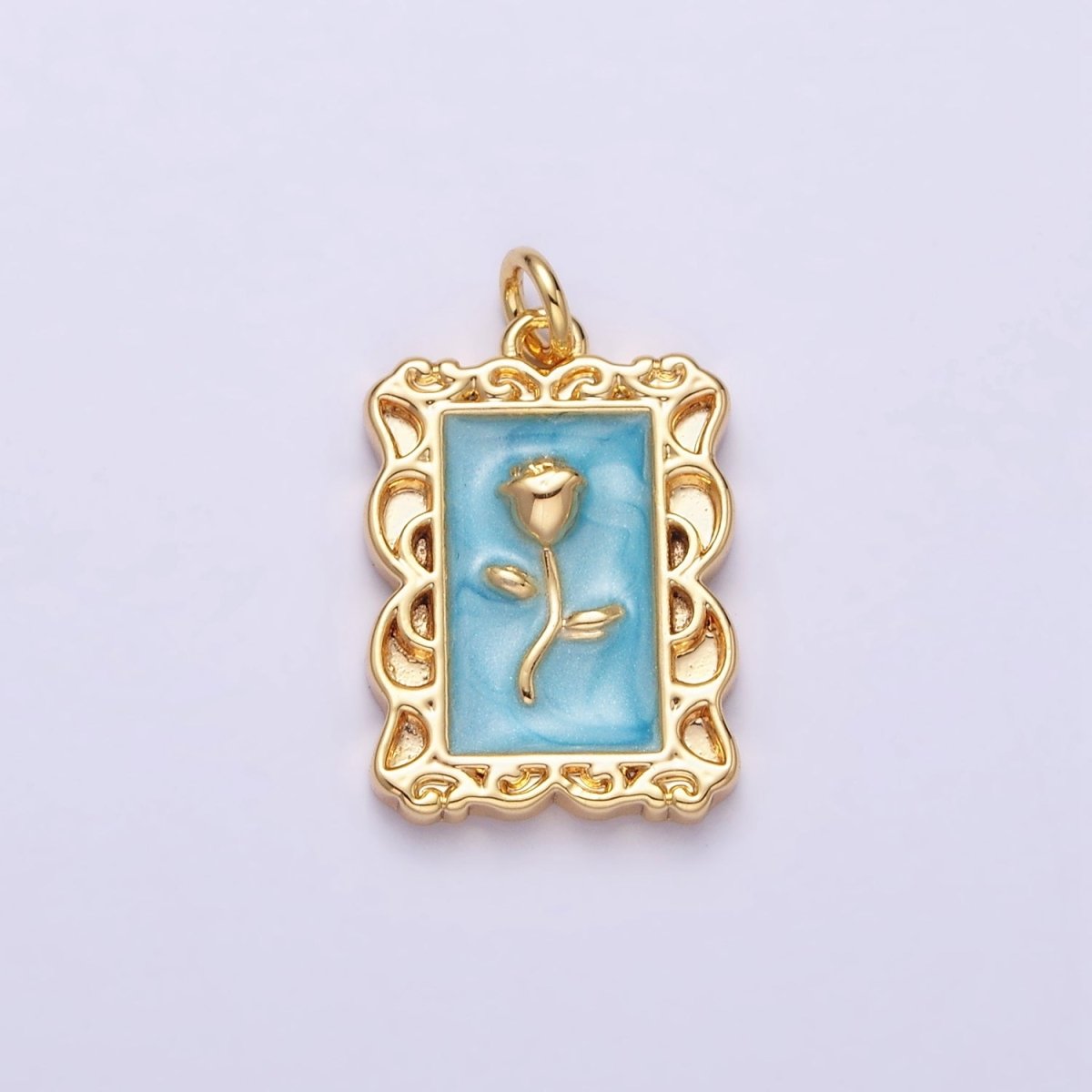 16K Gold Filled Rose Flower White, Blue, Pink Sparkly Enamel Rectangular Charm in Gold & Silver | AC1350 - AC1355 - DLUXCA