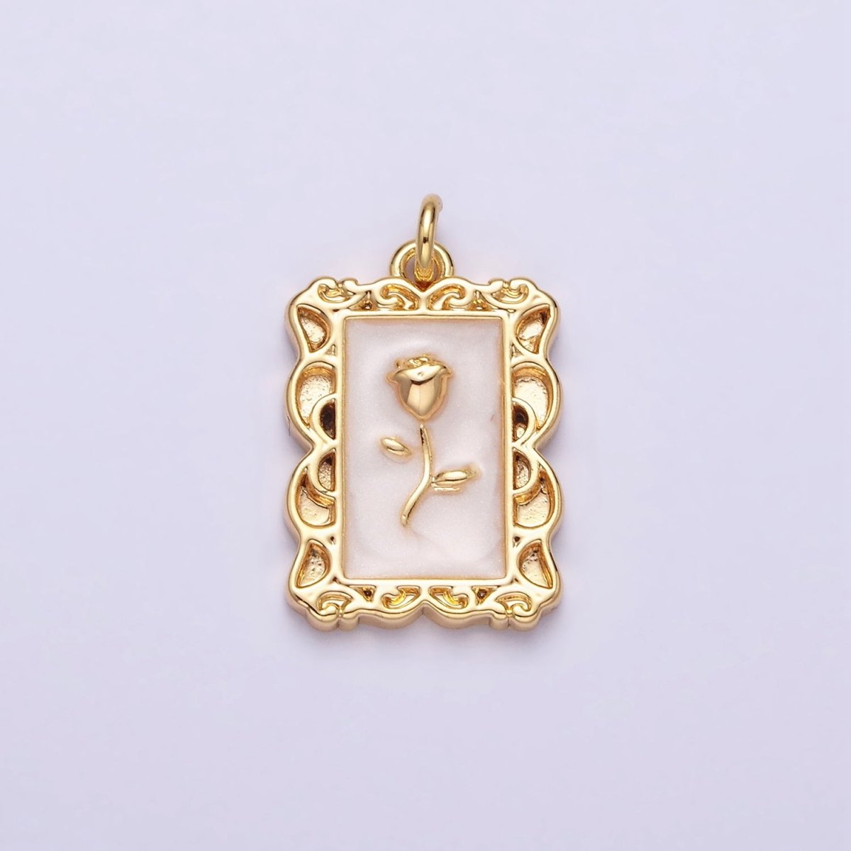 16K Gold Filled Rose Flower White, Blue, Pink Sparkly Enamel Rectangular Charm in Gold & Silver | AC1350 - AC1355 - DLUXCA