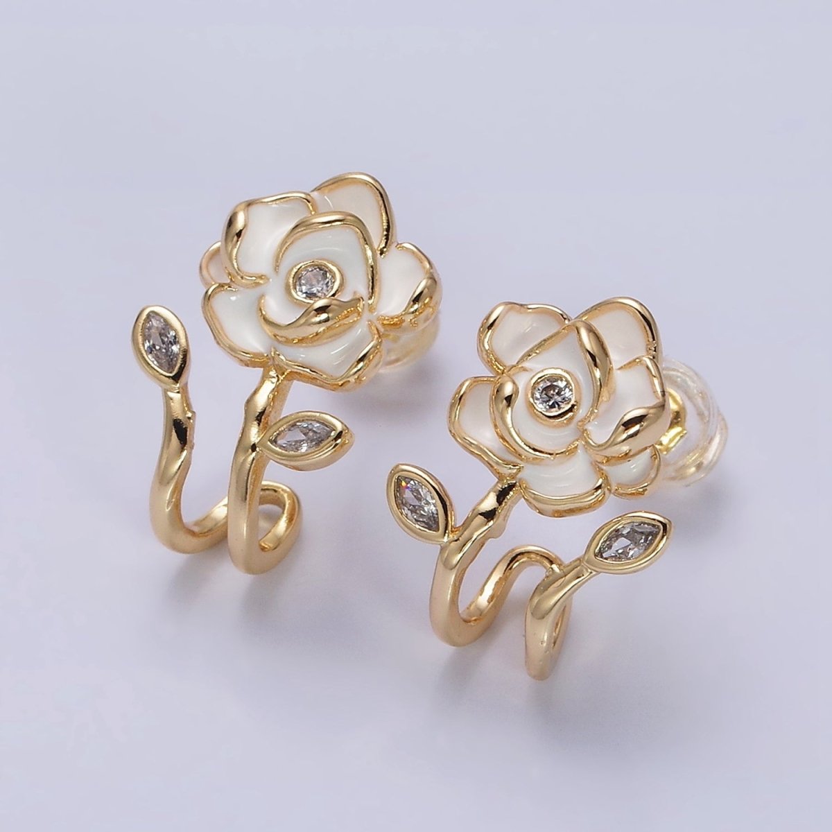 16K Gold Filled Rose Flower White Enamel Marquise CZ Cuff Stud Earrings in Gold & Silver | AD1173 AD1174 - DLUXCA