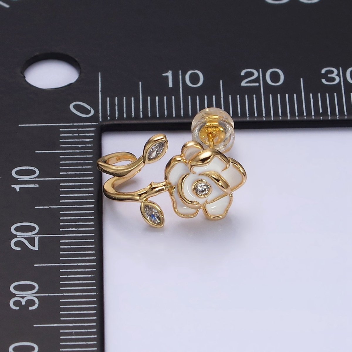 16K Gold Filled Rose Flower White Enamel Marquise CZ Cuff Stud Earrings in Gold & Silver | AD1173 AD1174 - DLUXCA