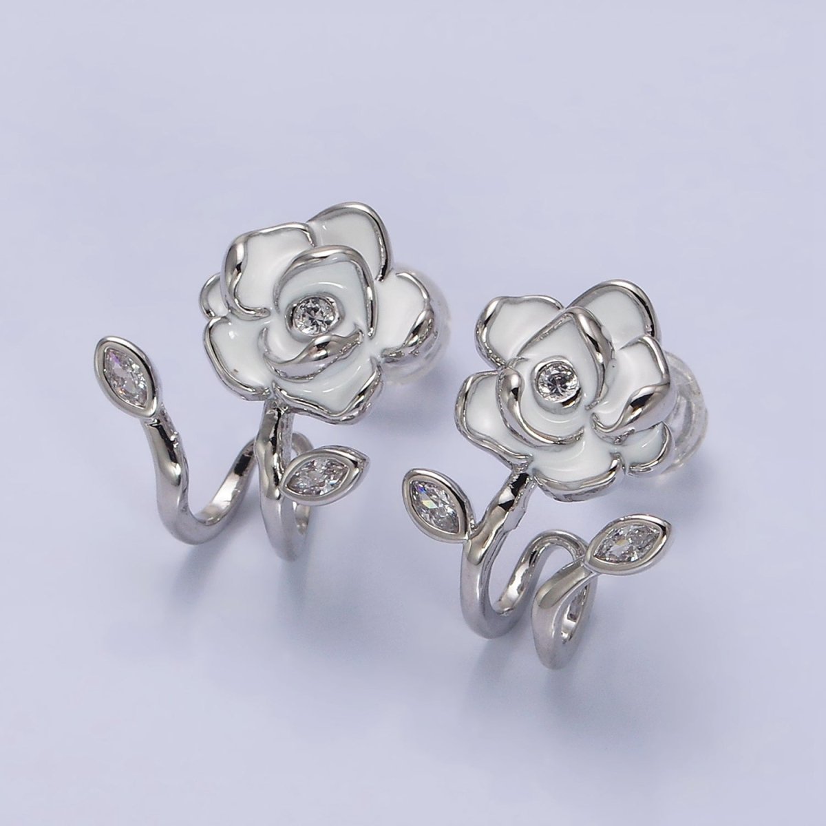 16K Gold Filled Rose Flower White Enamel Marquise CZ Cuff Stud Earrings in Gold & Silver | AD1173 AD1174 - DLUXCA