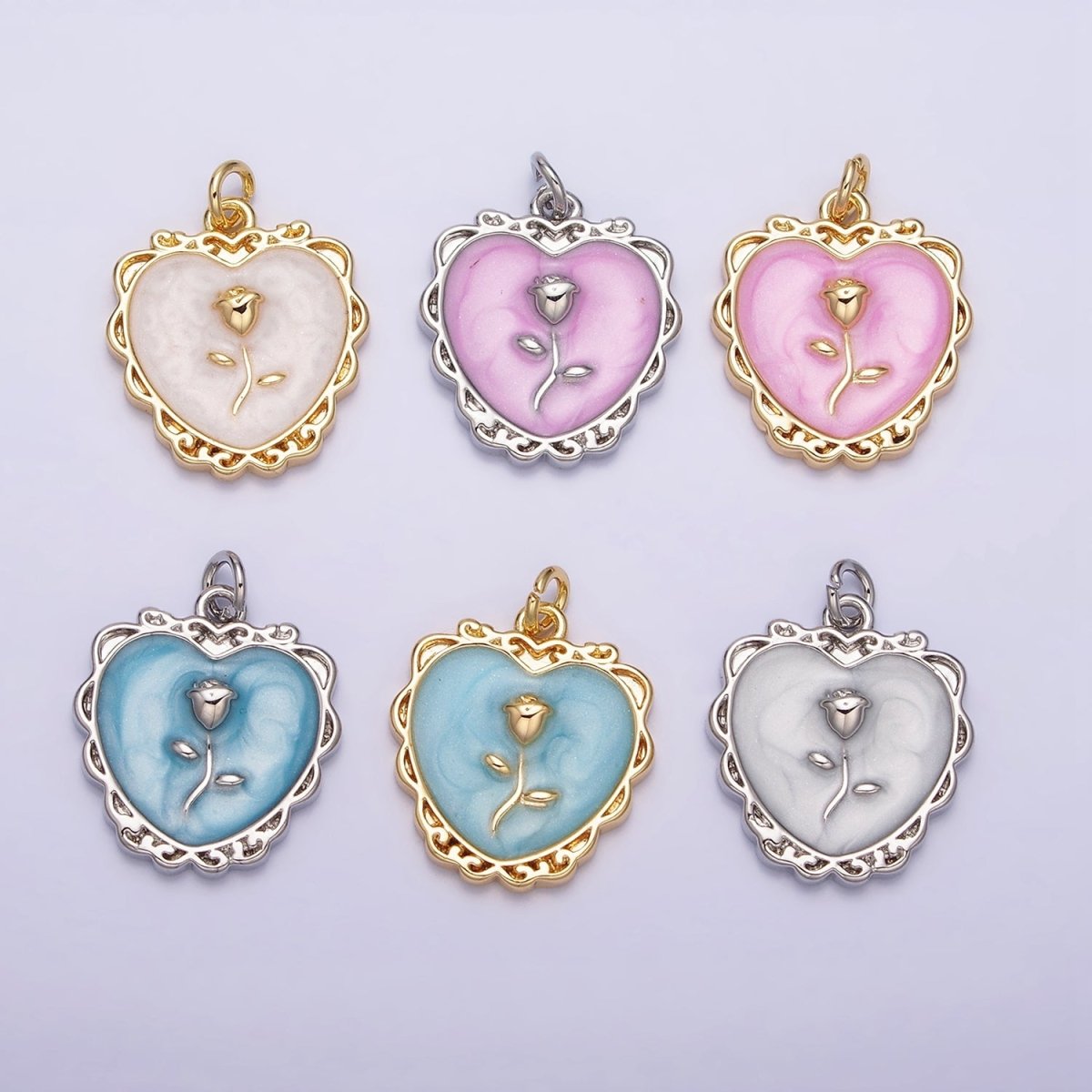 16K Gold Filled Rose Flower White, Pink, Blue Sparkly Enamel Heart Charm | AC1099 - AC1104 - DLUXCA