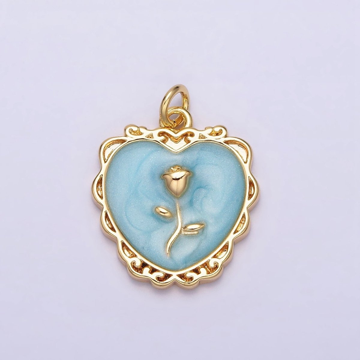 16K Gold Filled Rose Flower White, Pink, Blue Sparkly Enamel Heart Charm | AC1099 - AC1104 - DLUXCA