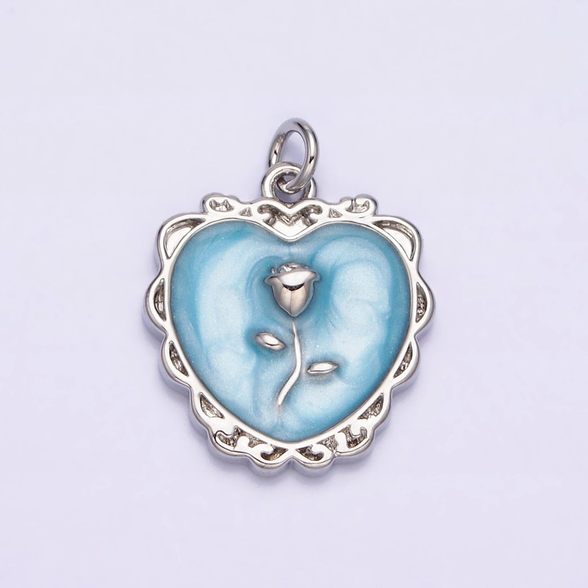 16K Gold Filled Rose Flower White, Pink, Blue Sparkly Enamel Heart Charm | AC1099 - AC1104 - DLUXCA