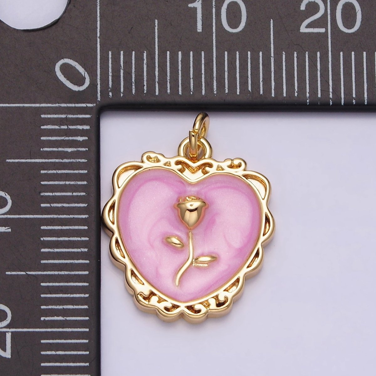 16K Gold Filled Rose Flower White, Pink, Blue Sparkly Enamel Heart Charm | AC1099 - AC1104 - DLUXCA