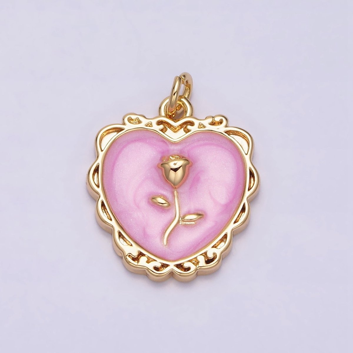 16K Gold Filled Rose Flower White, Pink, Blue Sparkly Enamel Heart Charm | AC1099 - AC1104 - DLUXCA