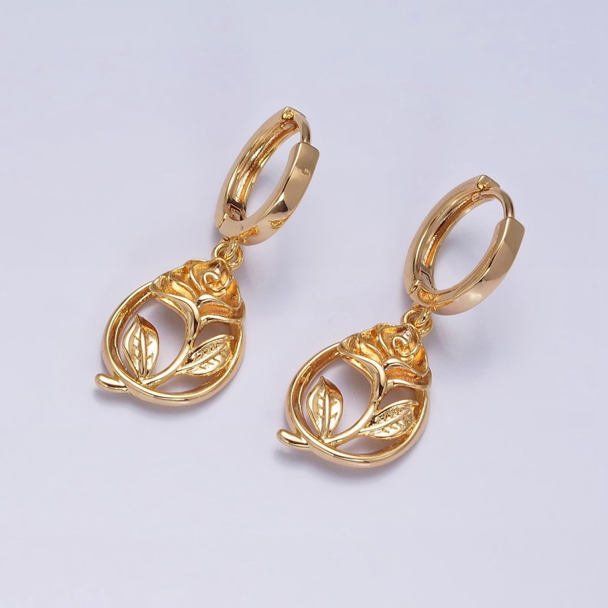 16K Gold Filled Rose Open Rose Flower Oval Drop Huggie Earrings in Silver & Gold | AB1549 AD1189 - DLUXCA