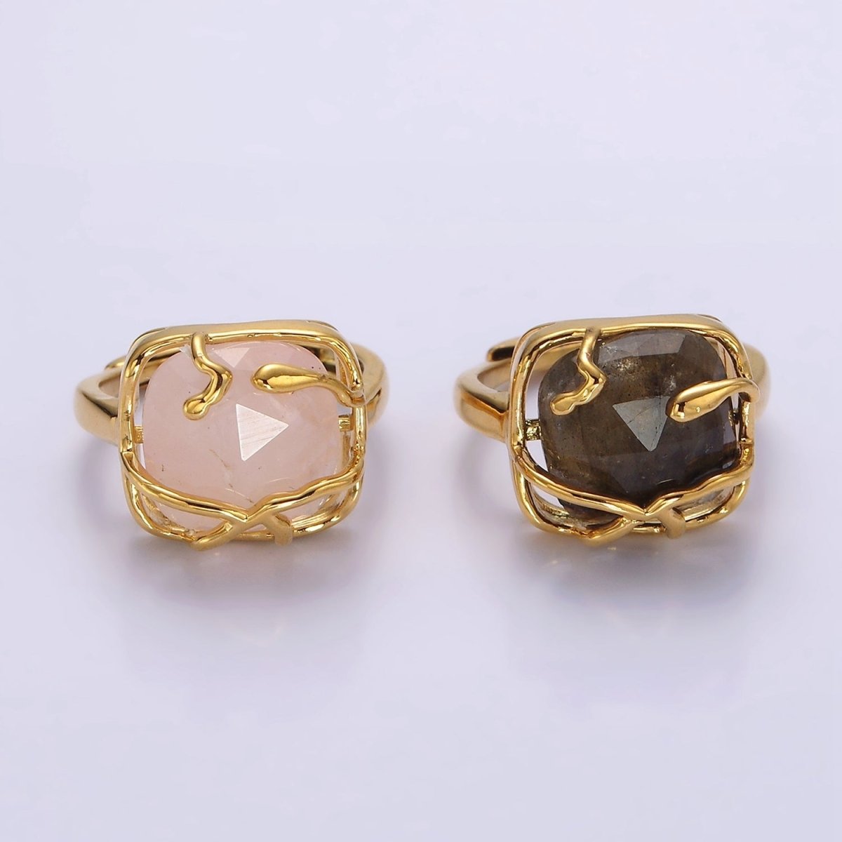 16K Gold Filled Rose Quartz, Labradorite Multifaceted Gemstone Molten Drip Ring | O-610 O-611 - DLUXCA