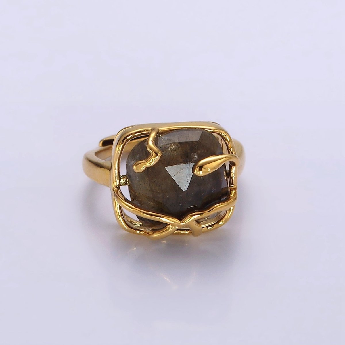 16K Gold Filled Rose Quartz, Labradorite Multifaceted Gemstone Molten Drip Ring | O-610 O-611 - DLUXCA