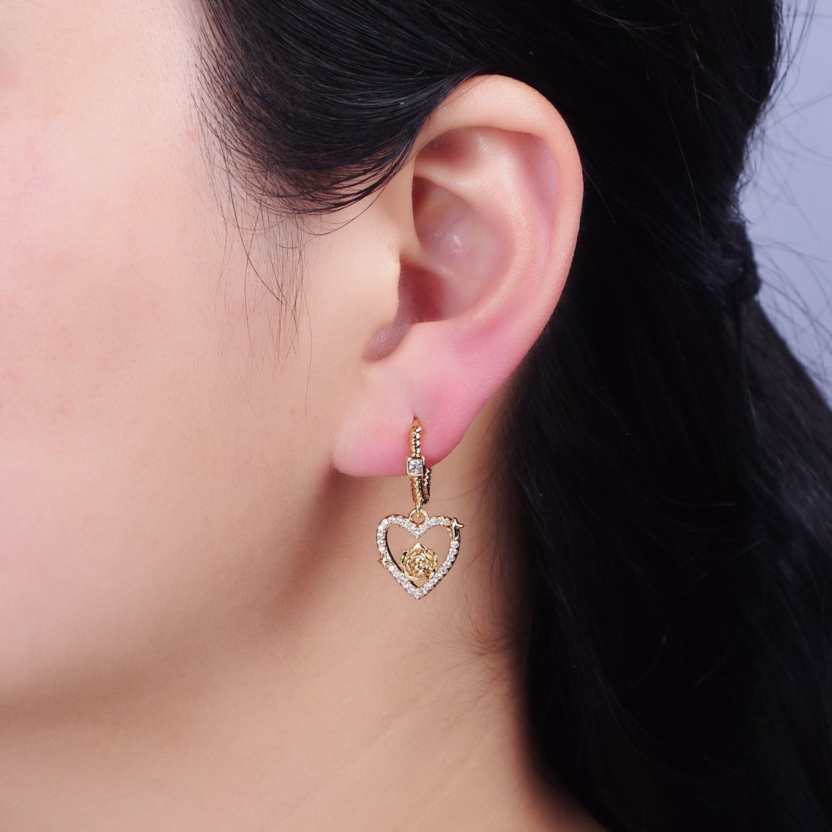 16K Gold Filled Rose Star Open Micro Paved Drop Twisted Heart CZ Huggie Earrings in Gold & Silver | AD1128 AD1129 - DLUXCA