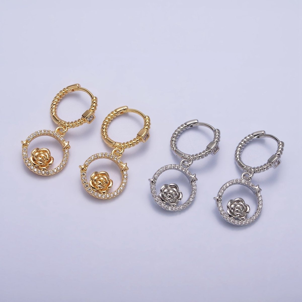 16K Gold Filled Rose Star Open Micro Paved Round Drop Twisted Square CZ Huggie Earrings in Gold & Silver | AB804 AB805 - DLUXCA