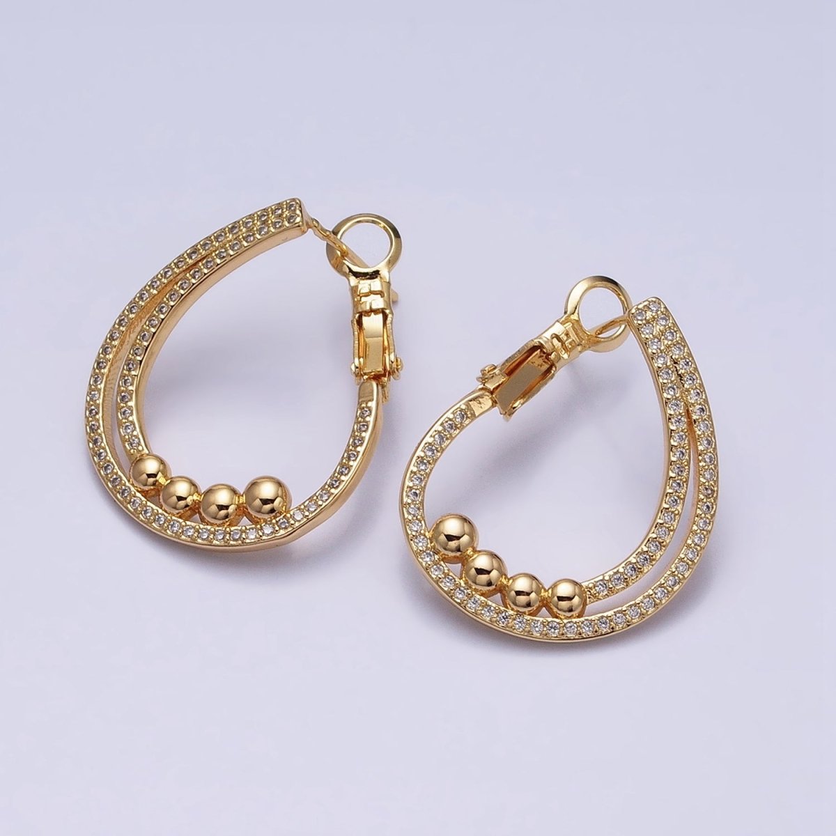 16K Gold Filled Round Beaded Bubble Double Bar Front-Facing Hinge Hoop Earrings in Gold & Silver | AD913 AD914 - DLUXCA