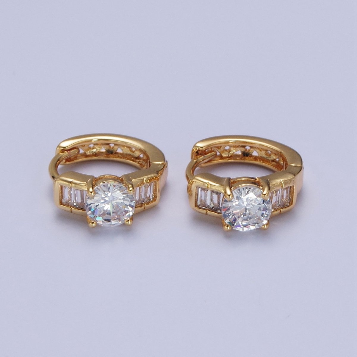 16K Gold Filled Round Cubic Zirconia Baguette Lined Wide Huggie Hoop Earrings | X-842 - DLUXCA