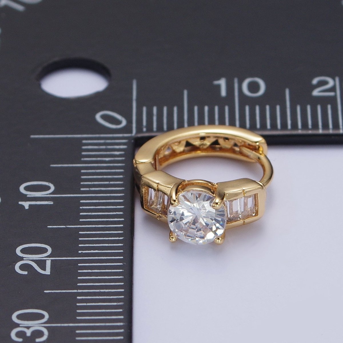 16K Gold Filled Round Cubic Zirconia Baguette Lined Wide Huggie Hoop Earrings | X-842 - DLUXCA