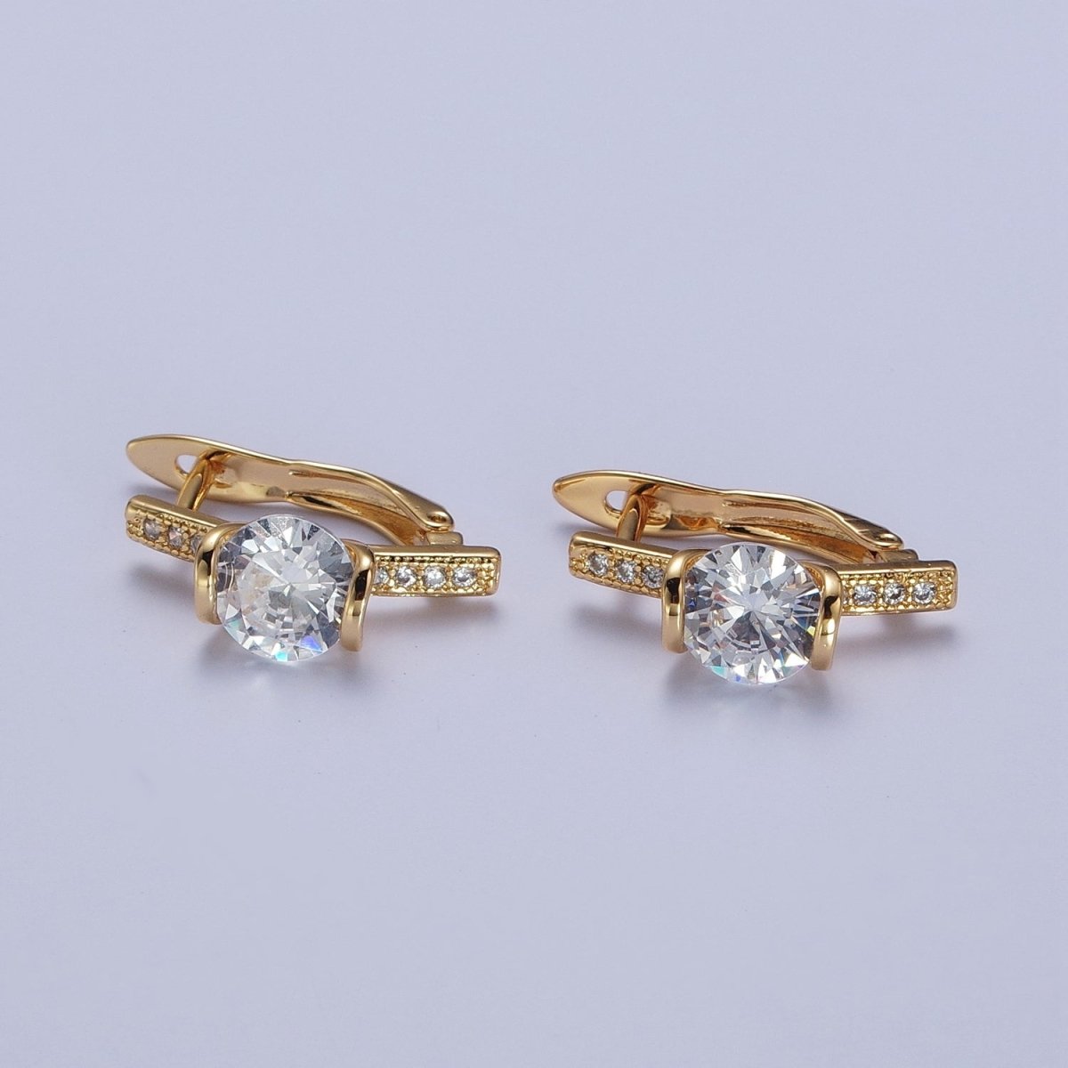 16K Gold Filled Round Cubic Zirconia Center Micro Paved Latch Back Earrings | X-851 - DLUXCA