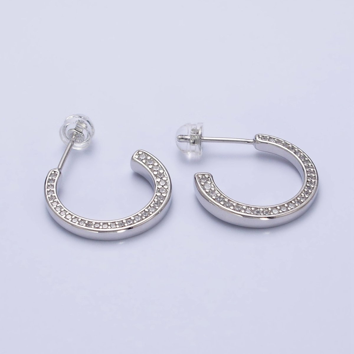 16K Gold Filled Round CZ Lined 20mm, 30mm C-Shaped Hoop Earrings in Gold & Silver | AB518 AB519 AB528 AB529 - DLUXCA