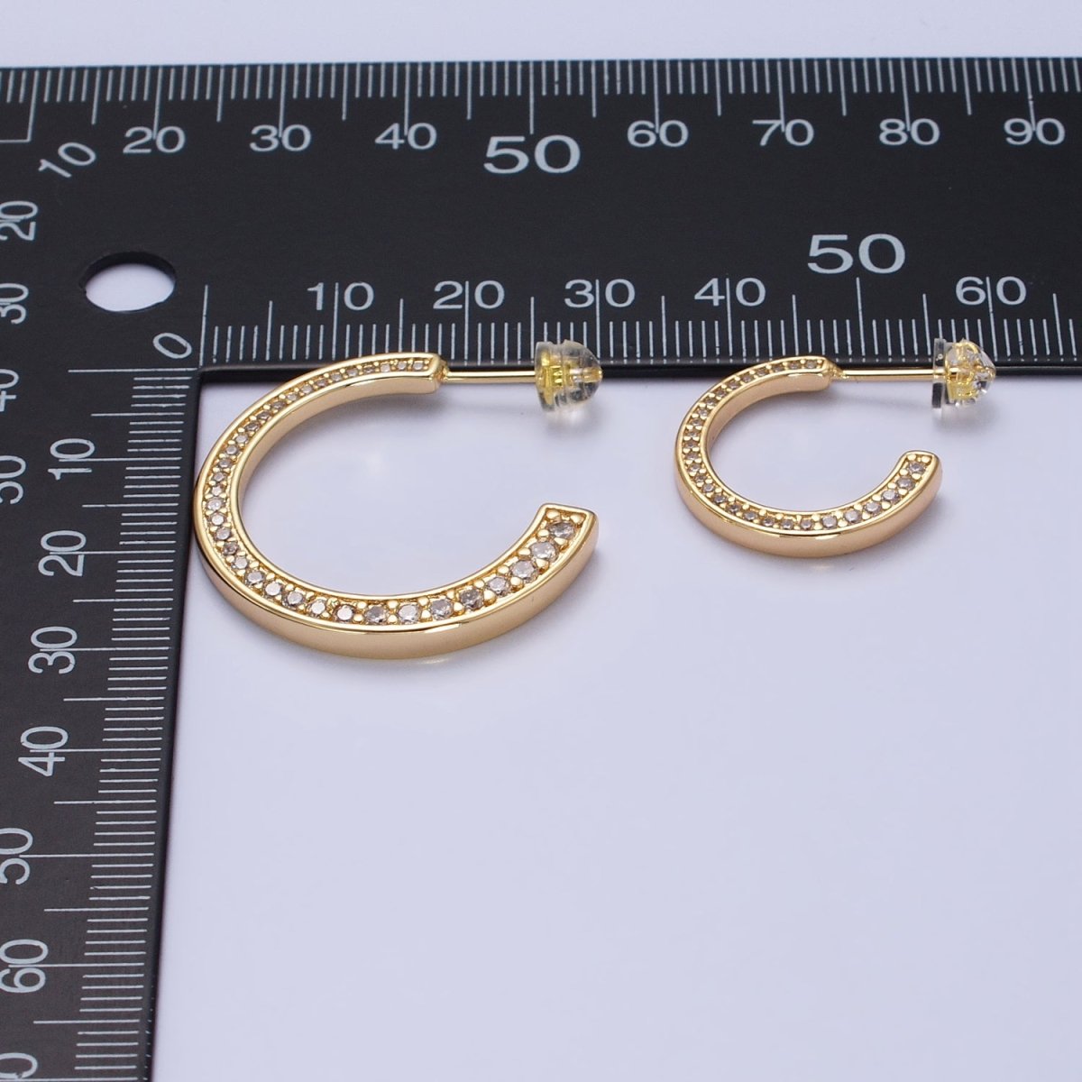 16K Gold Filled Round CZ Lined 20mm, 30mm C-Shaped Hoop Earrings in Gold & Silver | AB518 AB519 AB528 AB529 - DLUXCA