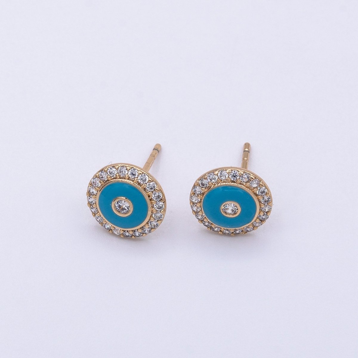 16K Gold Filled Round Evil Eye Teal Enamel Micro Paved Stud Earrings | AD874 - DLUXCA